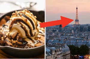An arrow pointing from peanut butter ice cream to the Eiffel Tower