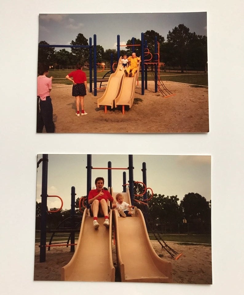 Two photos of a little kid going down park slides with his relatives 