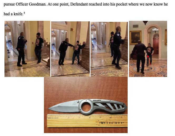 Images on a court document show a man confronting a police officer and a pocket knife next to a ruler