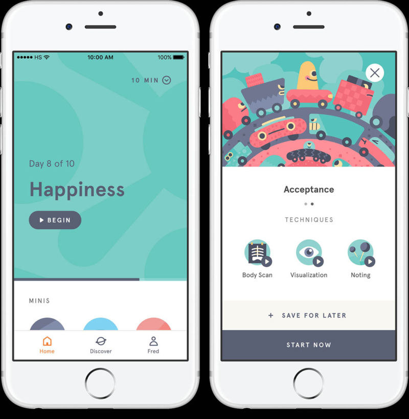 Screenshot of the Headspace app showing acceptance techniques and a video about happiness