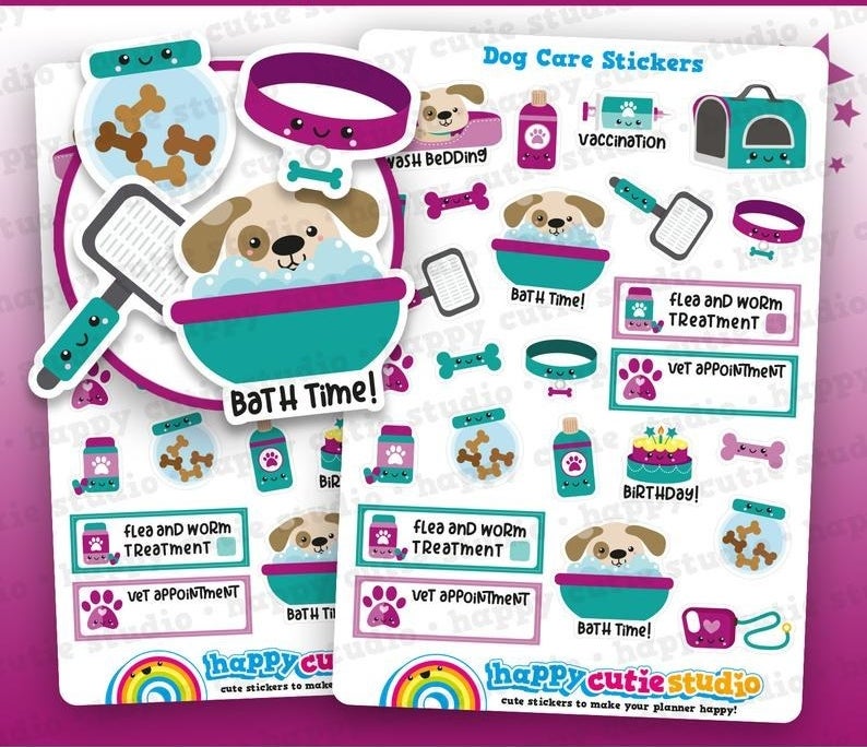 sheets of the stickers, which feature pet care products with little happy faces, plus stickers for &quot;flea and worm treatment,&quot; &quot;vet appointment,&quot; &quot;vaccination,&quot; &quot;wash bedding&quot; and &quot;Bath time!&quot;