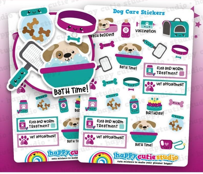 sheets of the stickers, which feature pet care products with little happy faces, plus stickers for "flea and worm treatment," "vet appointment," "vaccination," "wash bedding" and "Bath time!"
