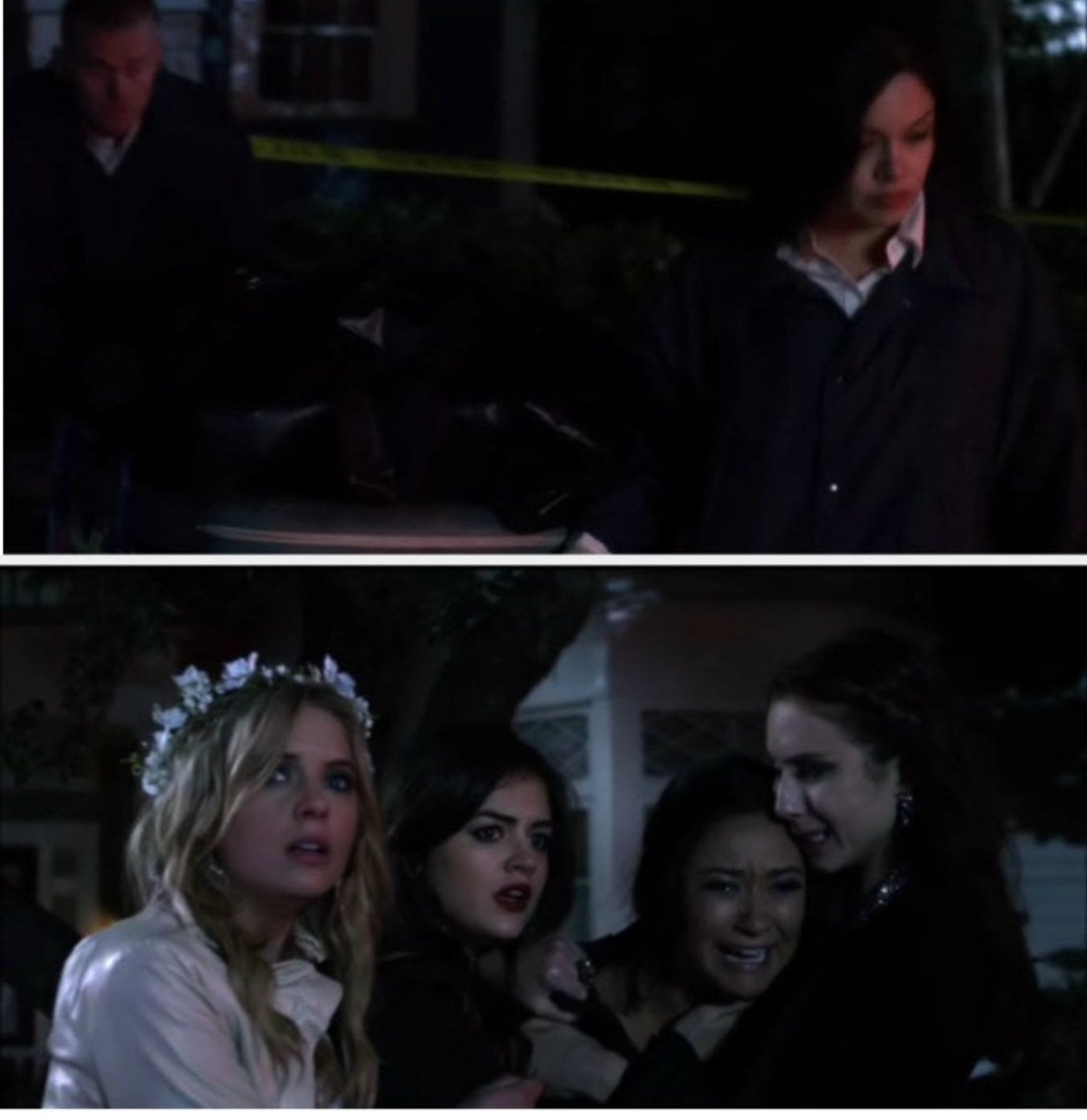 Hanna, Aria, Emily, and Spencer crying outside of Alison&#x27;s house as the police bring out Maya&#x27;s dead body. 