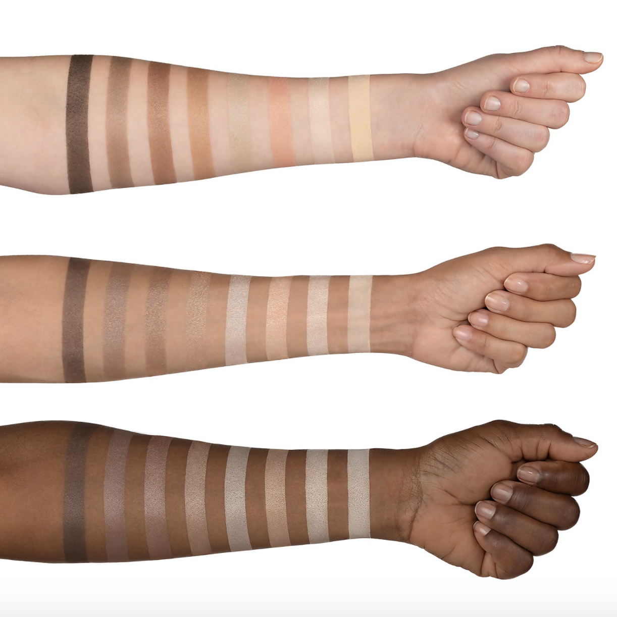 three models&#x27; forearms of varying skintones with the neutral swatched colors on them 