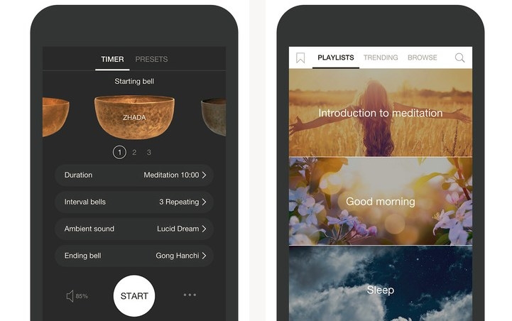 Screenshot of the app showing meditation playlists and sounds