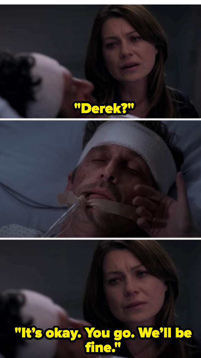 Meredith crying and talking to Derek while he&#x27;s in the hospital bed dying.