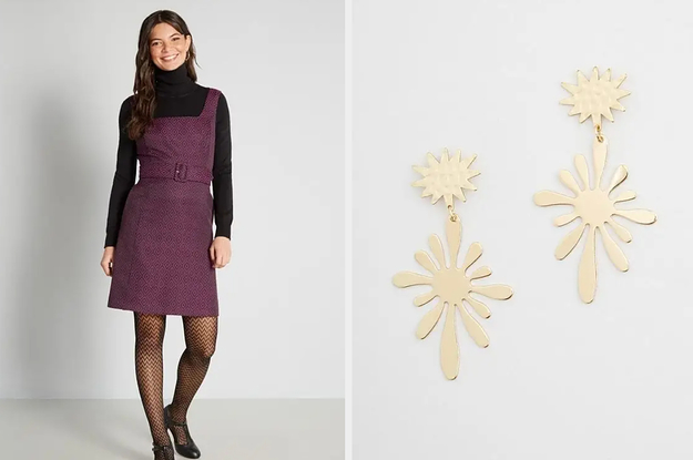 to the left: a mode in a tapered dress, to the right: gold funky earrings