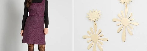 to the left: a mode in a tapered dress, to the right: gold funky earrings