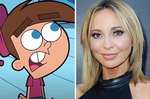 Timmy from "Fairly OddParents" is on the left moping with Tara Strong on the right posing for a portrait