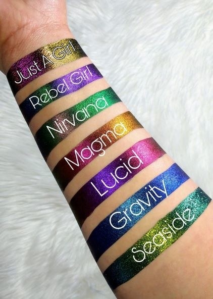 light skin model with the nine metallic colors swatched on the forearm