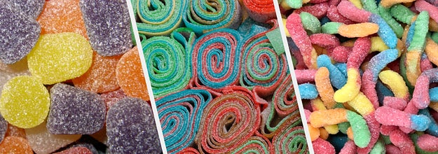 gumdrops, sour rope, and sour gummy worms