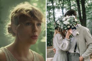 Taylor Swift is on the left with a couple on the right hiding behind a bouquet of flowers
