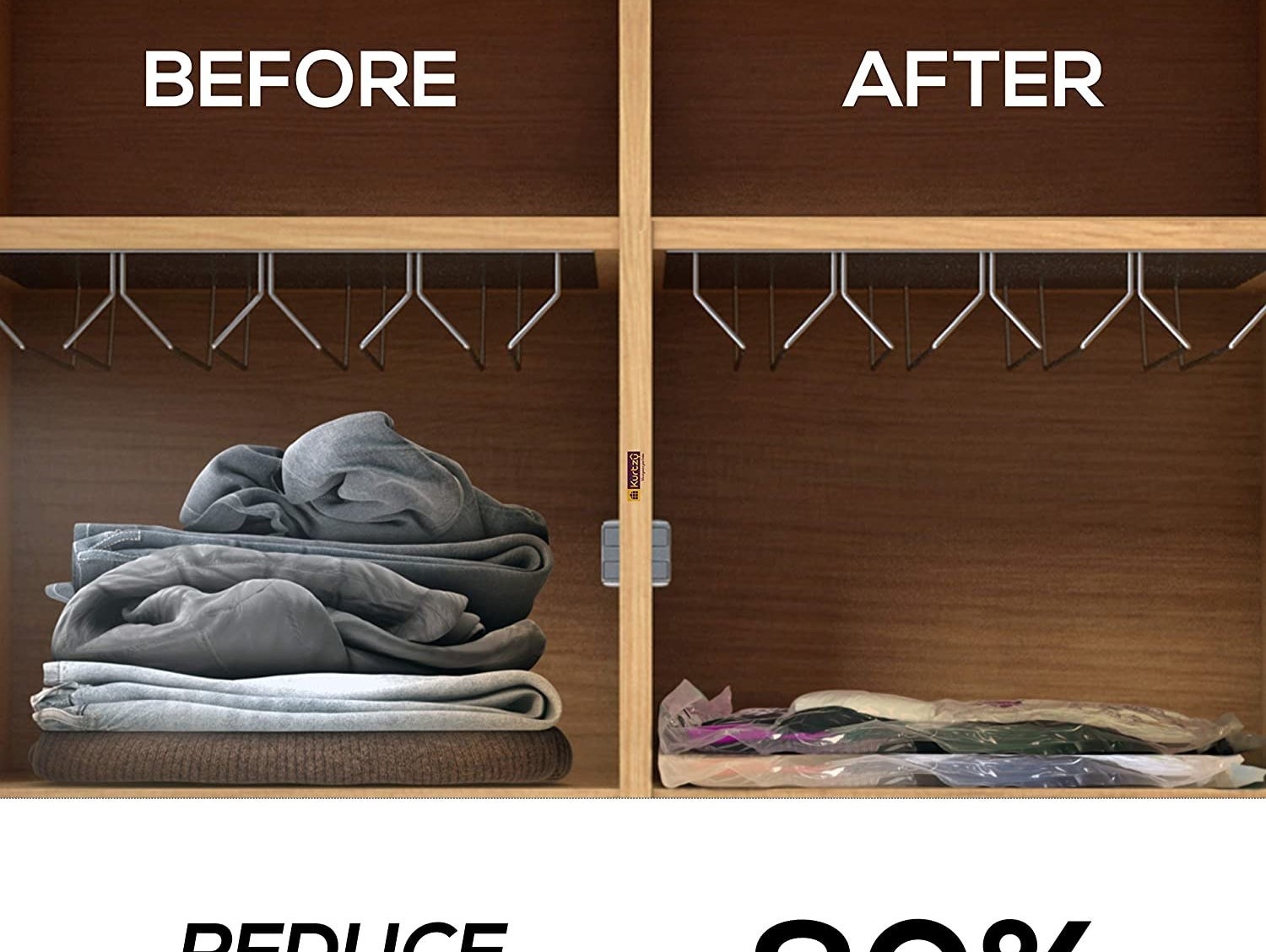 Before and after comparison of storing clothes with and without the vacuum bags.