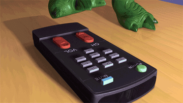 Rex from Toy Story pushing buttons on a remote