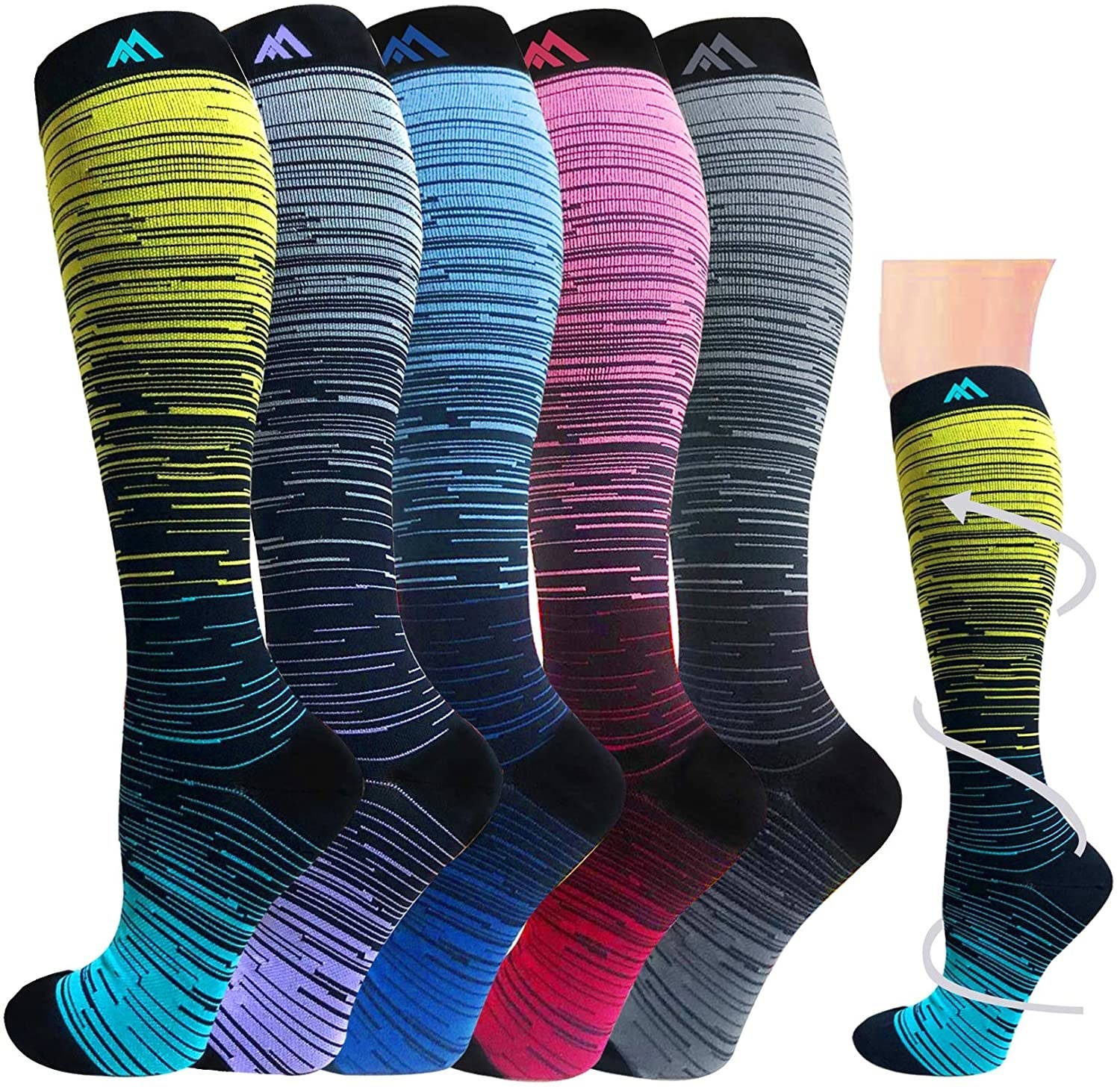 five knee-high compression socks, each a different color