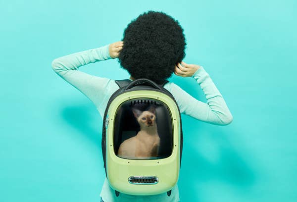 Woman wearing Breezy Dome cat backpack with cat inside.