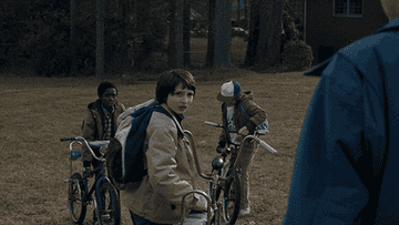 Kids about to ride bikes in Stranger Things