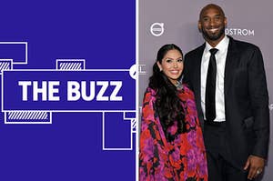 Splitscreen of purple graphic with THE BUZZ in white letters on the left side and a photo of Vanessa and Kobe Bryant on the right side (CREDIT: GETTY)
