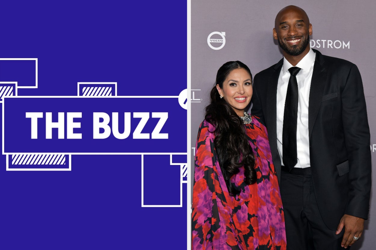 Splitscreen of purple graphic with THE BUZZ in white letters on the left side and a photo of Vanessa and Kobe Bryant on the right side (CREDIT: GETTY)