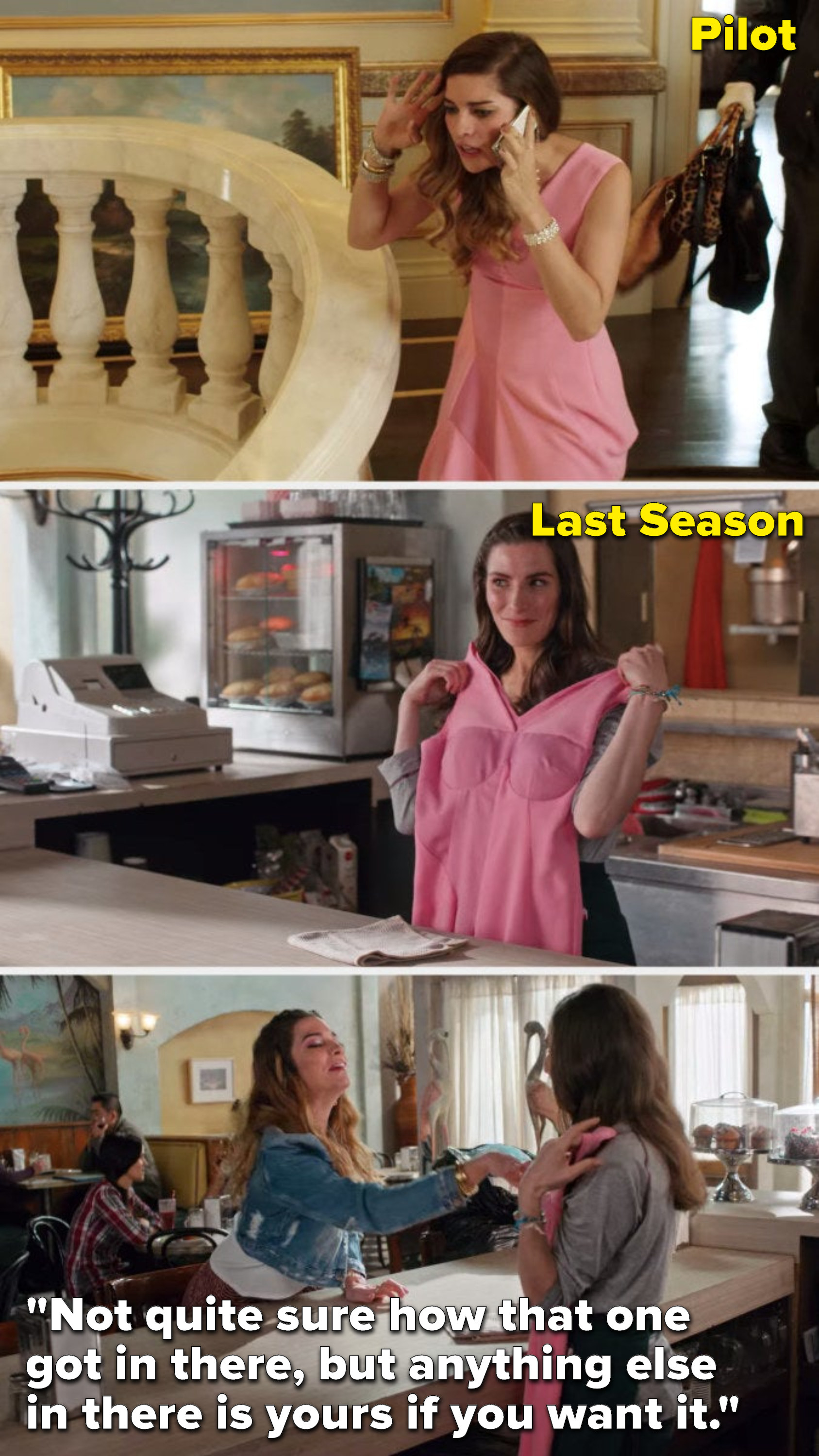 Alexis is wearing a dress in the pilot, then later she gives it to Twyla, but then says, &quot;Not quite sure how that one got in there, but anything else in there is yours if you want it&quot;