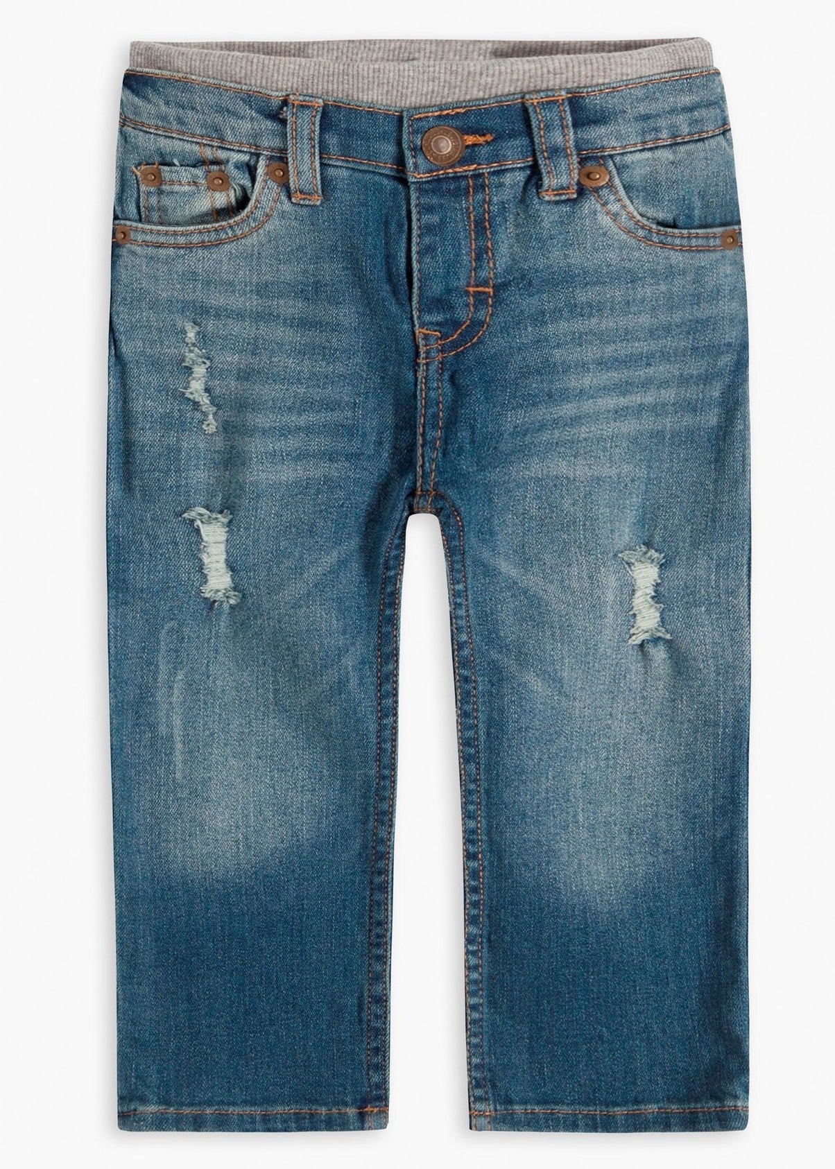 baby jeans with small rips and gray elastic waist
