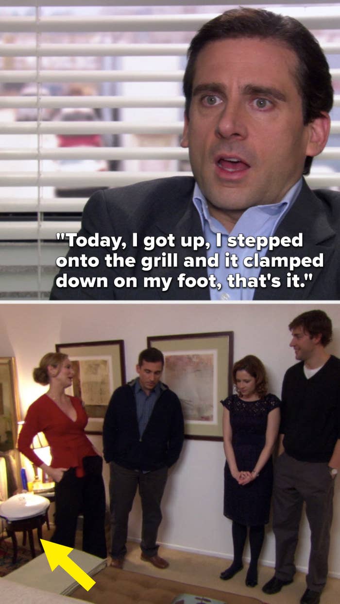 Michael says, &quot;Today, I got up, I stepped onto the grill and it clamped down on my foot, that&#x27;s it,&quot; and then we see the grill in the episode &quot;Dinner Party&quot;