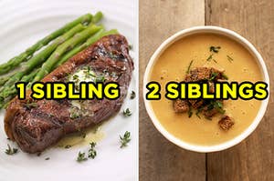 On the left, a plate with steak and asparagus labeled "1 siblings," and on the right, a bowl of soup with croutons labeled "2 siblings" 