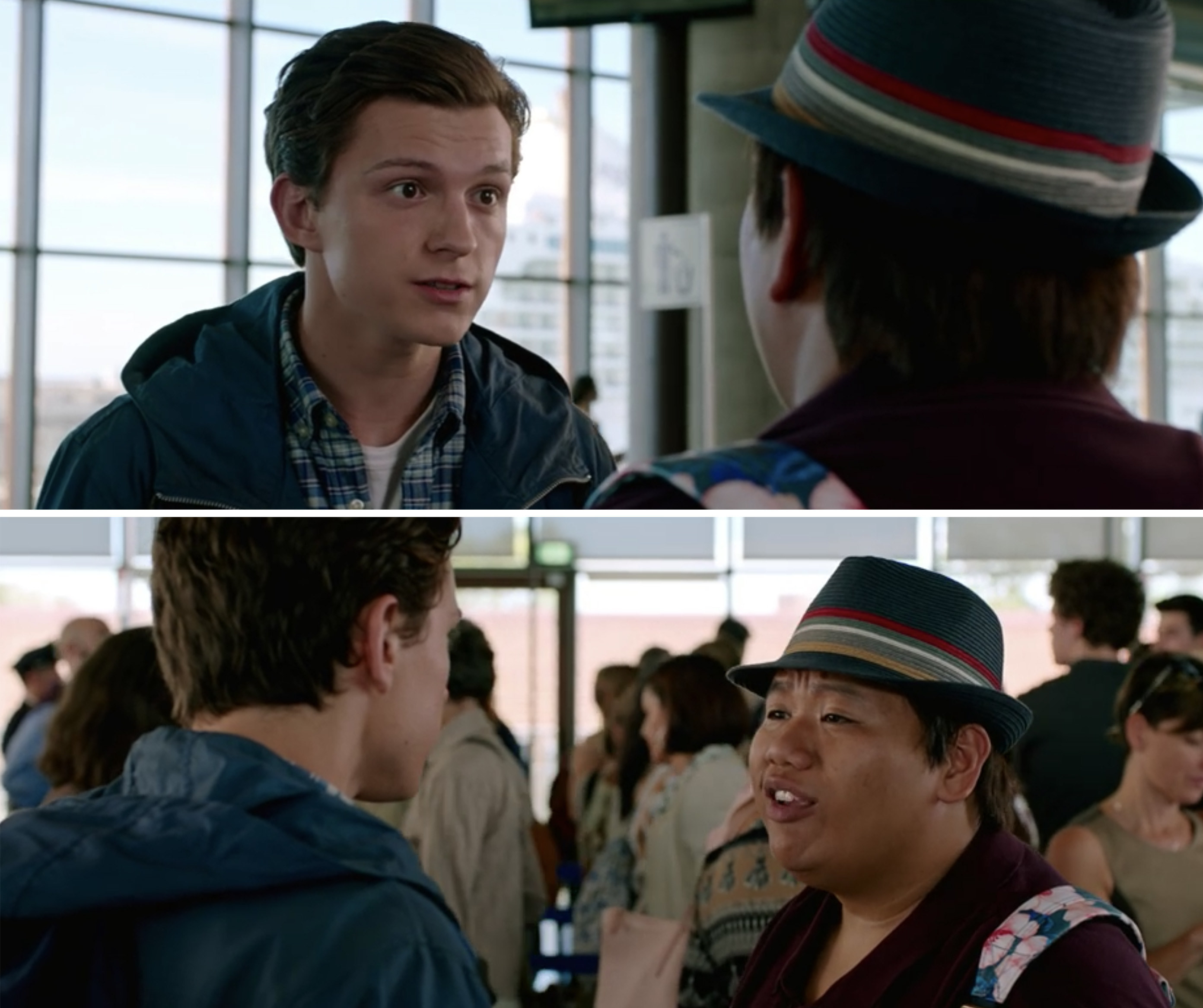 Peter and Ned talking in the airport in &quot;Spider-Man: Far From Home&quot;