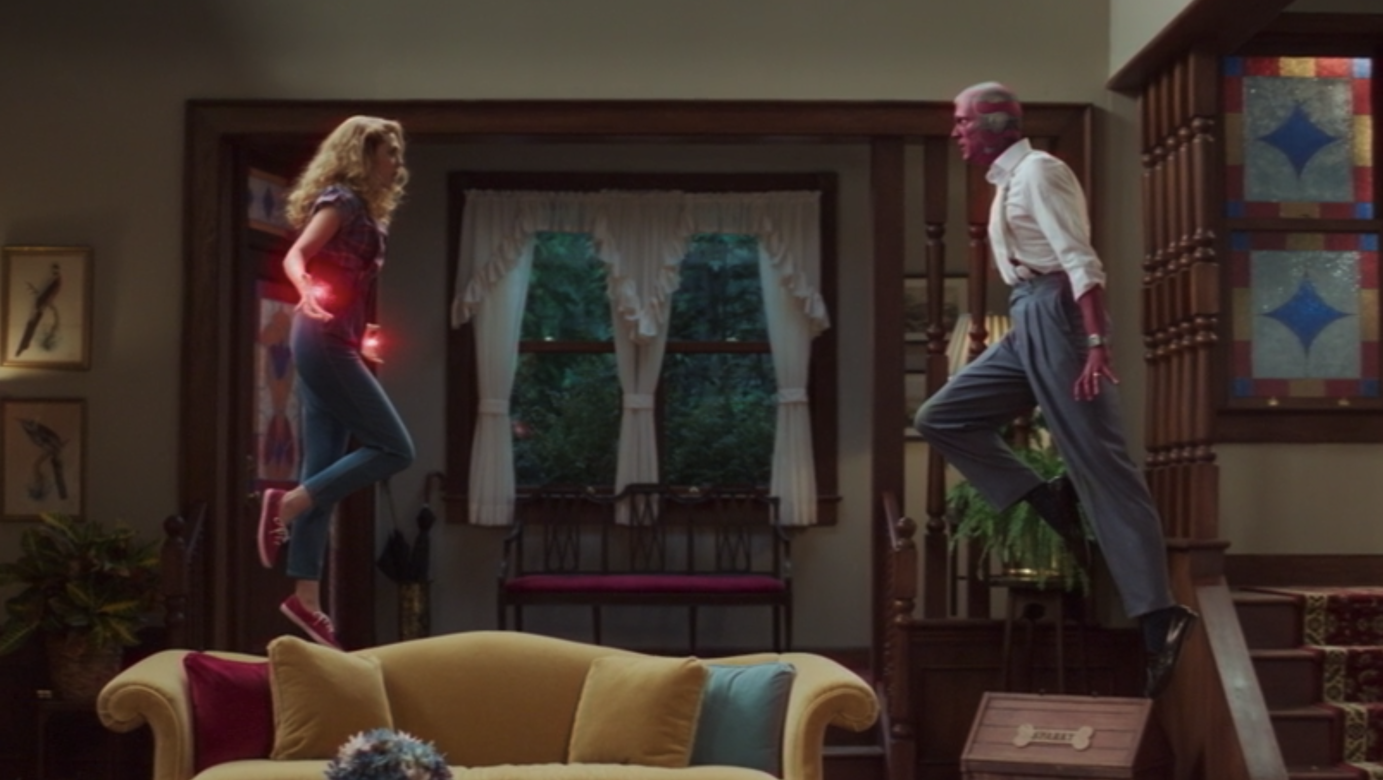 Wanda and Vision flying in their living room in &quot;WandaVision&quot;