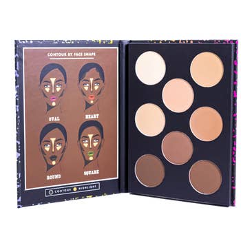 The inside of the palette, with eight shades of contour and highlight and a diagram showing how and where to use them for different face shapes