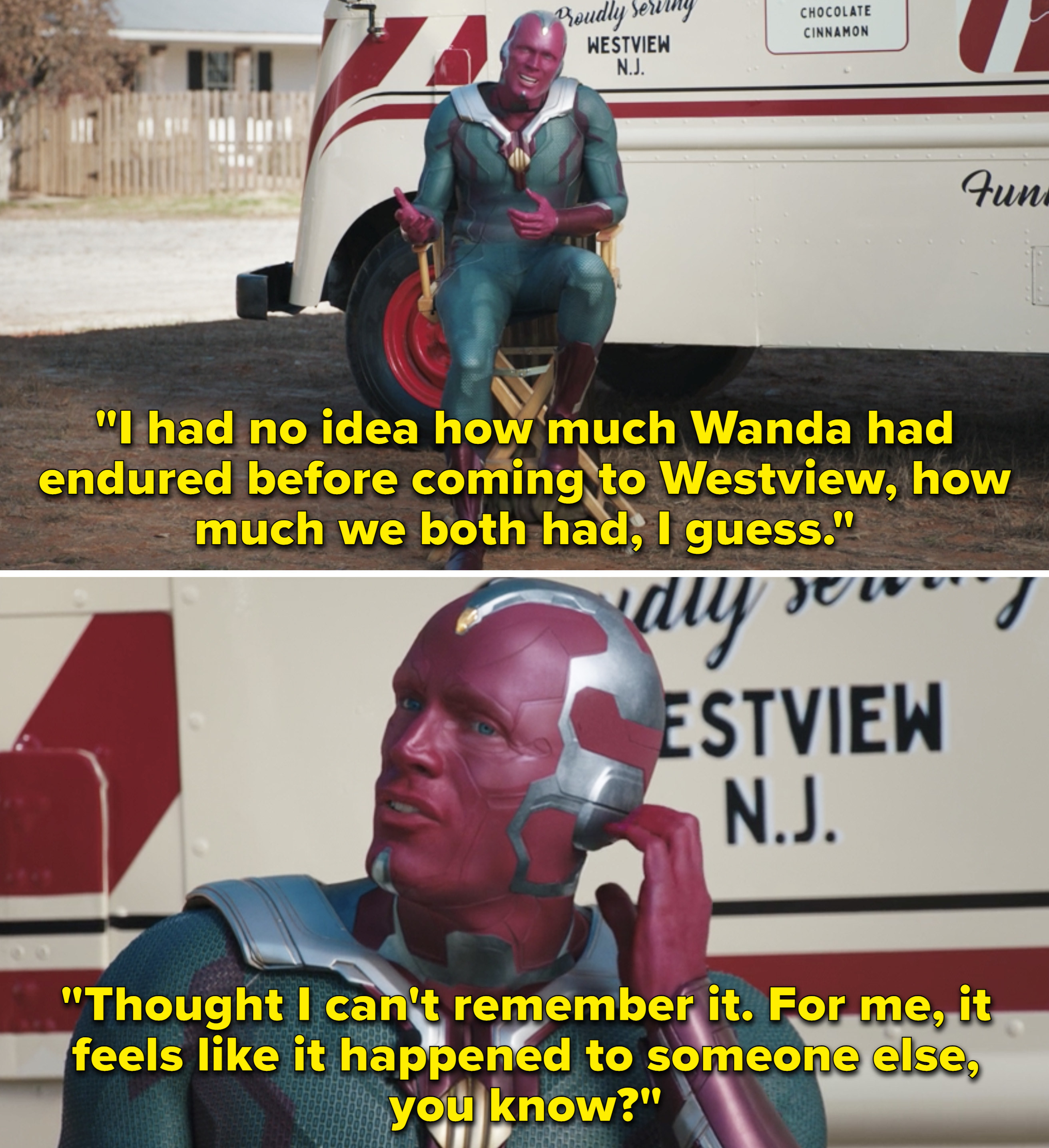 Vision talking to the camera and saying how he didn&#x27;t realize how much Wanda went through before coming to Westview