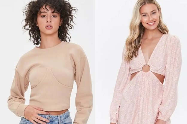 model in a bustier sweatshirt and model in a pink cutout floral dress