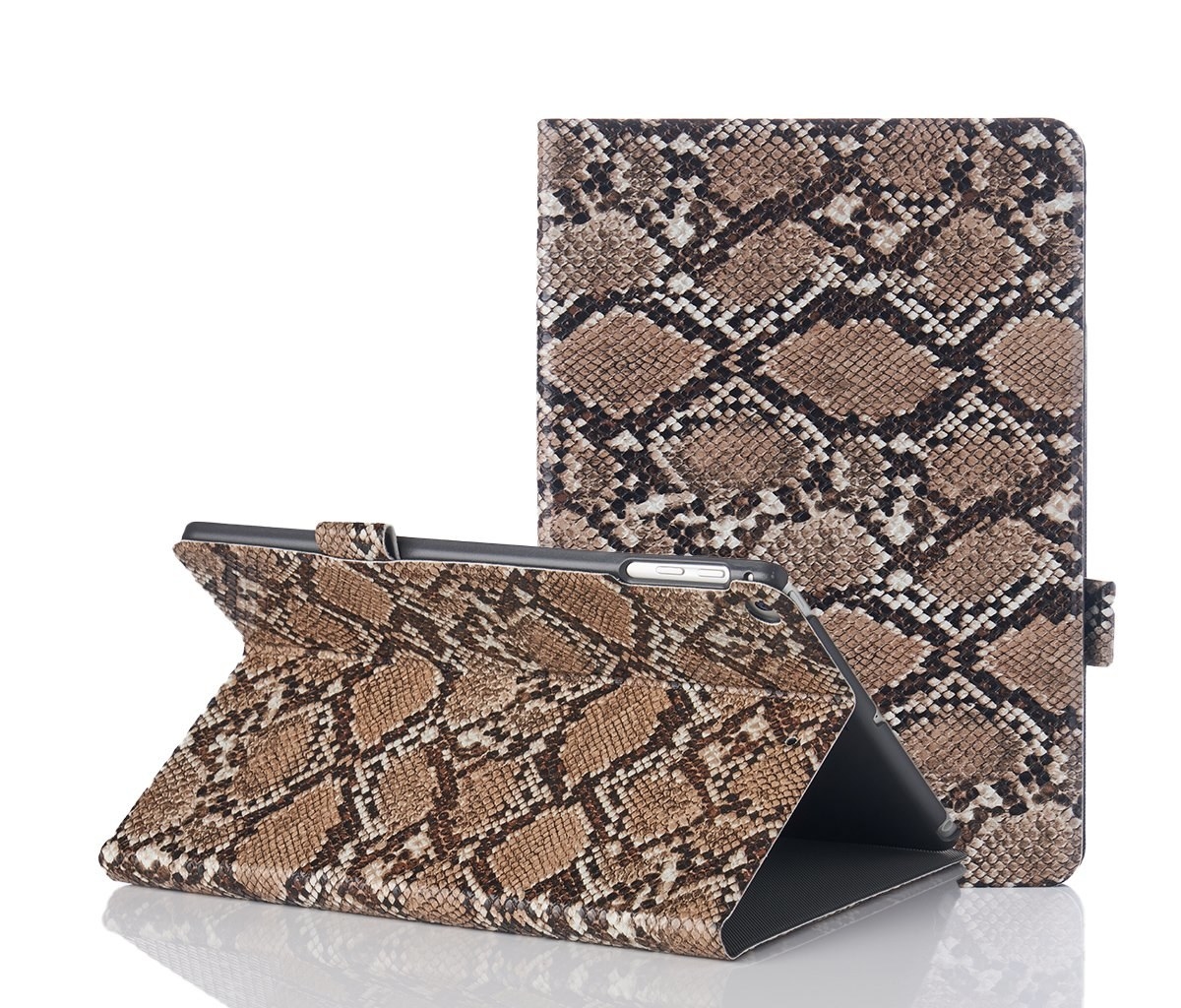 the brown snakeskin case shown closed around an ipad and folded to serve as a stand for a horizontal iPad