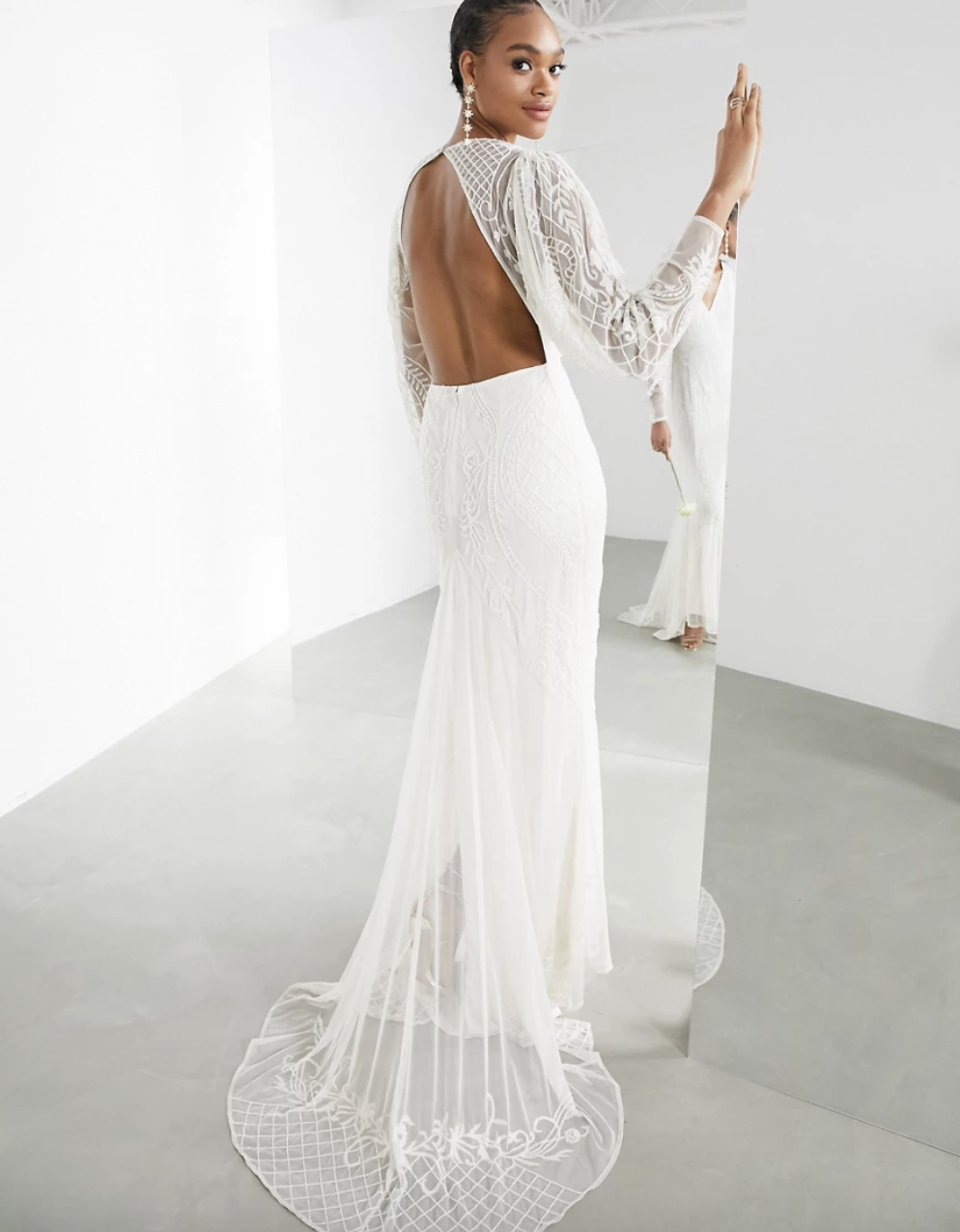 model wearing the white open back dress