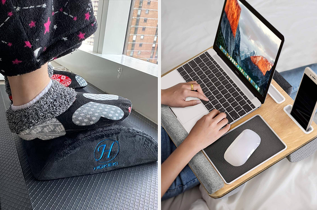 Two panels showing feet resting on a velvety curved footrest and hand typing on a laptop that's resting on a lap desk with a built-in mousepad and wrist rest pads