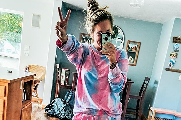 a reviewer in a pink and blue tie dye set
