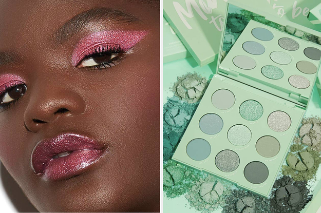 left image: model wears naked cherry palette, right image: colourpop mint palette