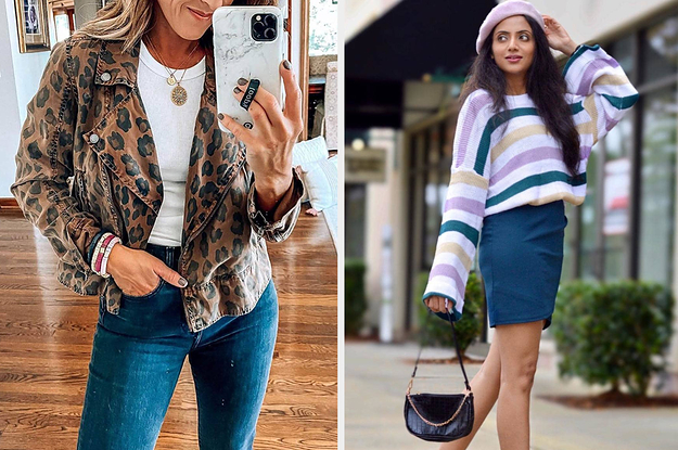 On the left, a model in a leopard moto jacket. On the right, a reviewer in a striped sweater