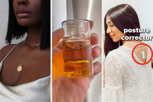 A fancy necklace, olaplex hair oil, and a posture correcting device
