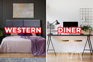 On the left, a dark bedroom with a bed with a cushy headboard and modern art on the wall labeled "western," and on the right, a home office with two stools at a glass desk in front of a computer labeled "diner"