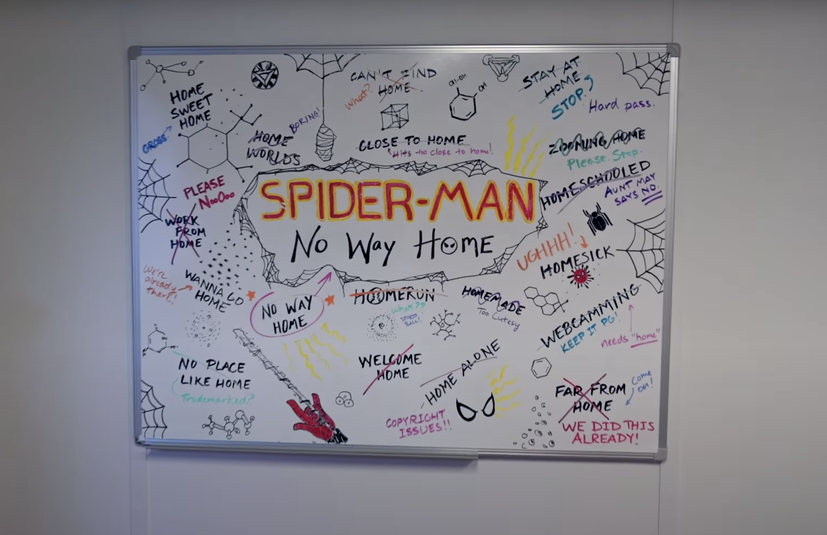 A whiteboard with doodles and names and in the center it says, &quot;Spider-Man: No Way Home&quot;