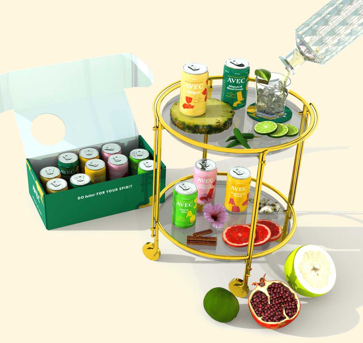 the sampler in a box and some colorful avec cans on a bar cart with fruit and a cocktail