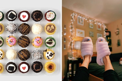 A pack of Baked by Melissa cupcakes and a reviewer wearing pink Ugg slippers