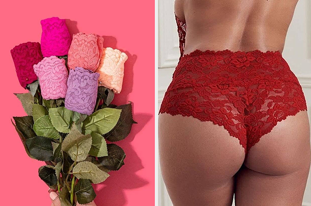 to the left: a bouquet of thongs, to the right: a model in red lacy underwear