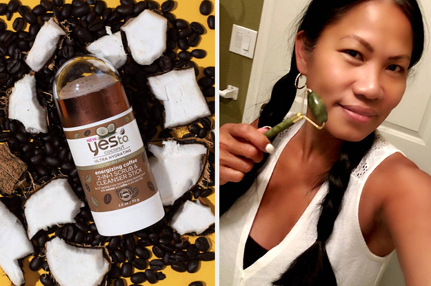 On left, 2-in-1 cleanser stick next to coffee beans and coconuts. On right, reviewer uses green jade roller on cheek