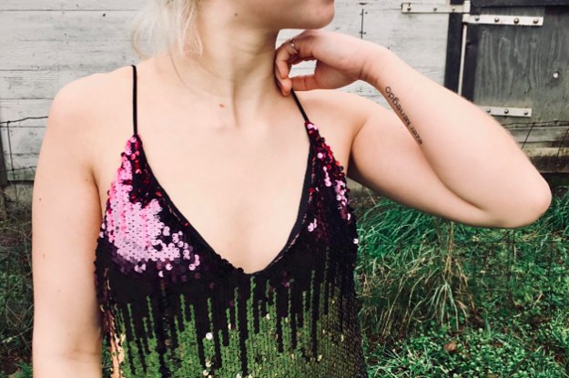 A customer review photo showing a close up of the sequins dress