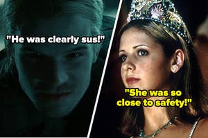 James from Twilight with text reading, "He was clearly sus!" and Helen from I Know What You Did Last Summer with text reading, "She was so close to safety"