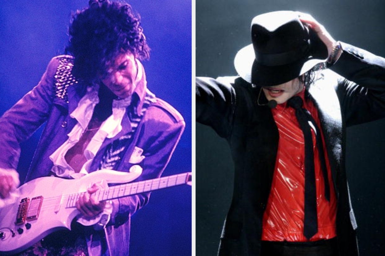 Prince is on the left playing a guitar with Michael Jackson leaning his head down and performing