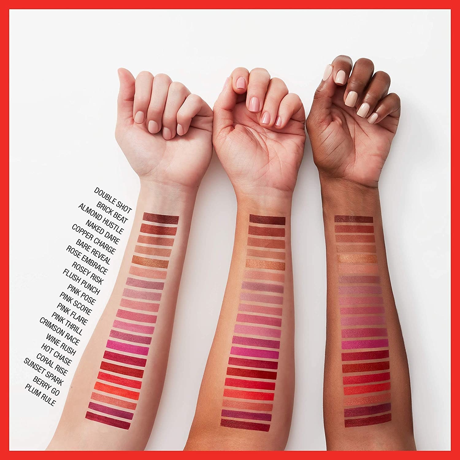 Swatches of 20 of the shades on three arms with different skintones