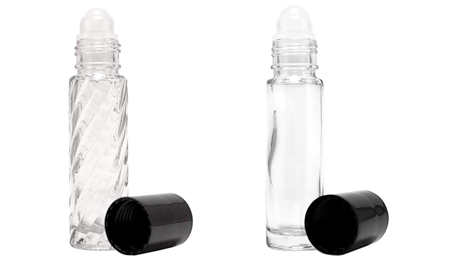 The two bottles in clear glass: one plain and one with twisted design to tell them apart